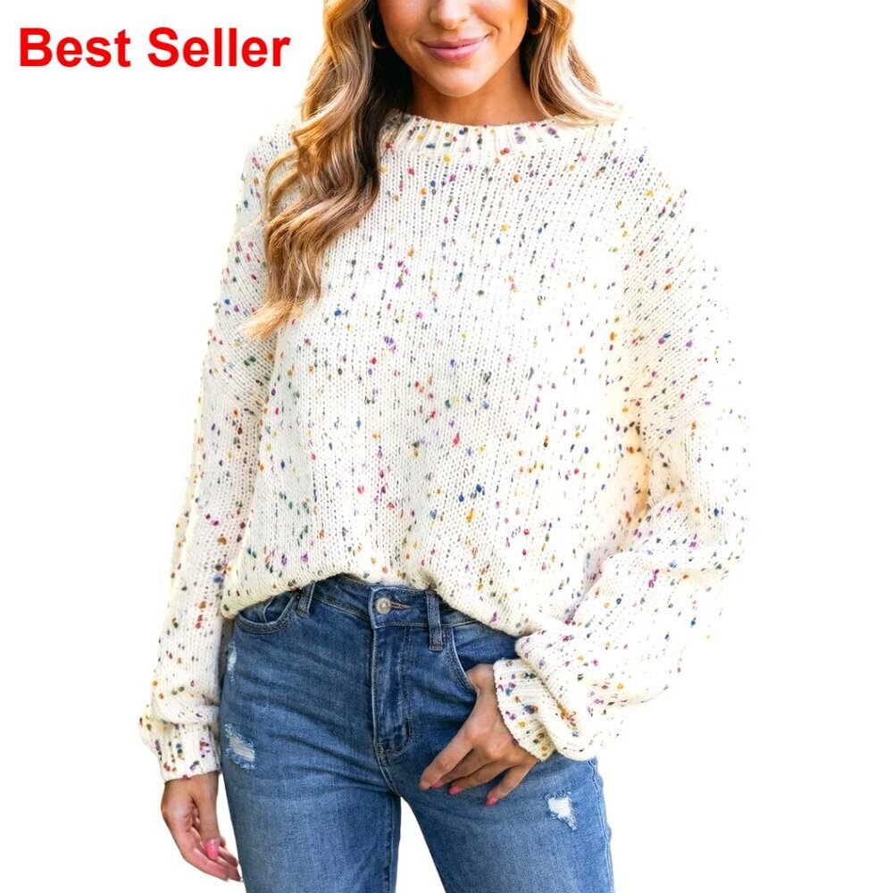 Oversized Chunky Knit Pullover Sweater with Colorful Pom Poms